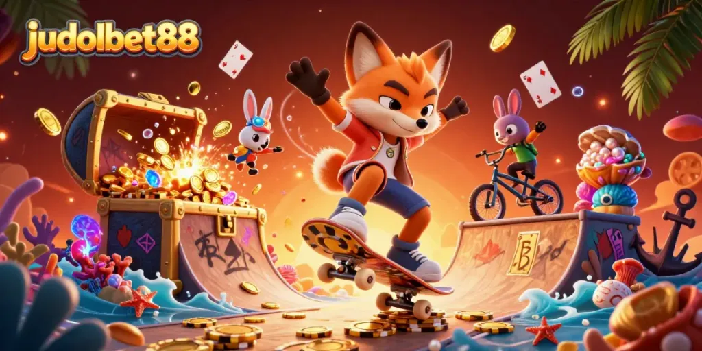 Experience thrilling gameplay with judolbet88 in a vibrant scene of cartoon characters and casino items.