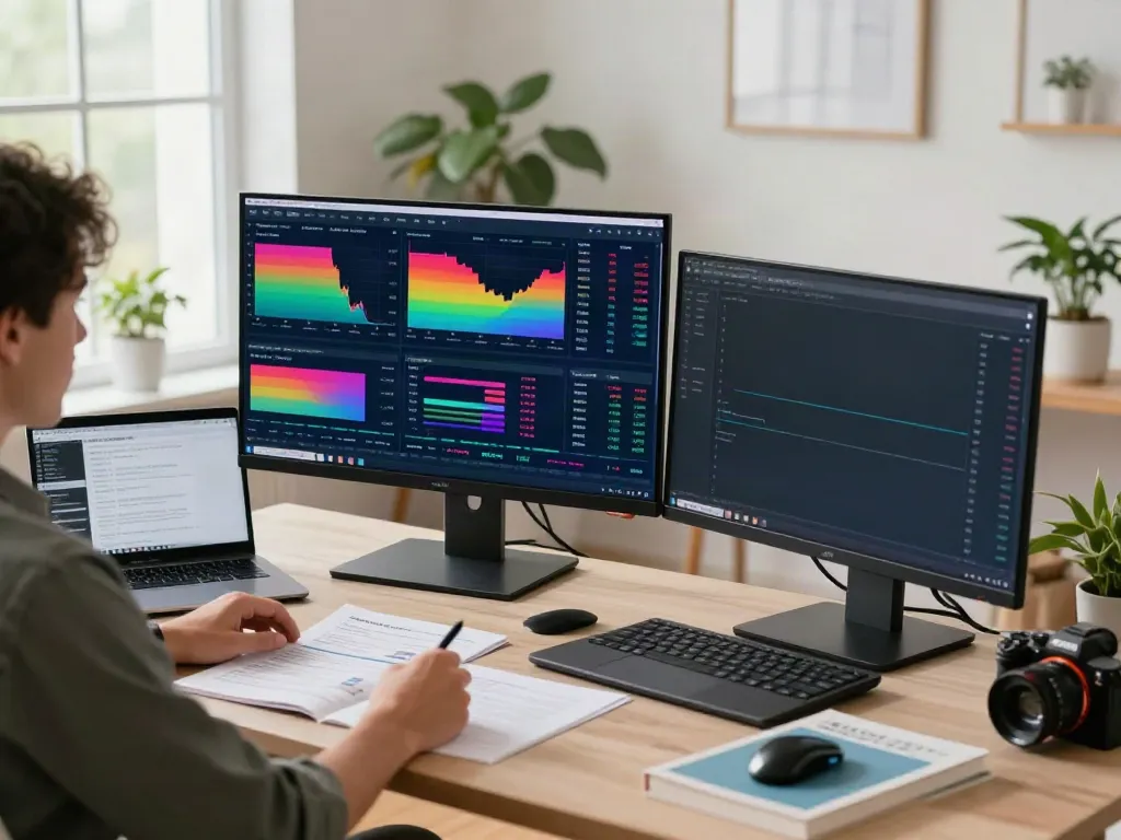 TradingView platform analysis in a bright home office workspace.