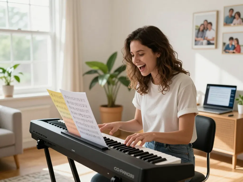 Person engaging with go 88 piano in a bright, inviting living room.
