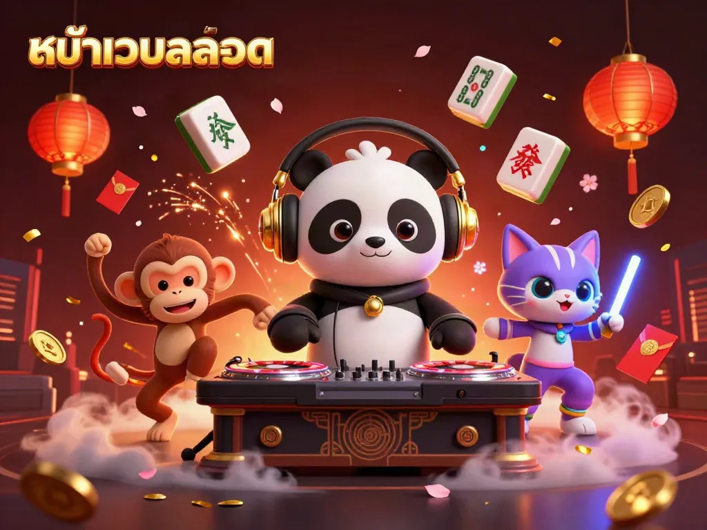 Spin to win at หน้าเว็บสล็อต with a lively scene of a DJ panda, a dancing monkey, and a glowing kitten.