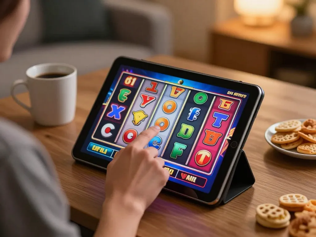 Suasana permainan online yang menarik menampilkan simbol slot gacor berputar di tablet, suasana ceria dari permainan santai.