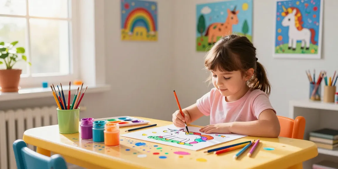 Child painting with a paint by number for kids kit, vibrant colors and artistic supplies.