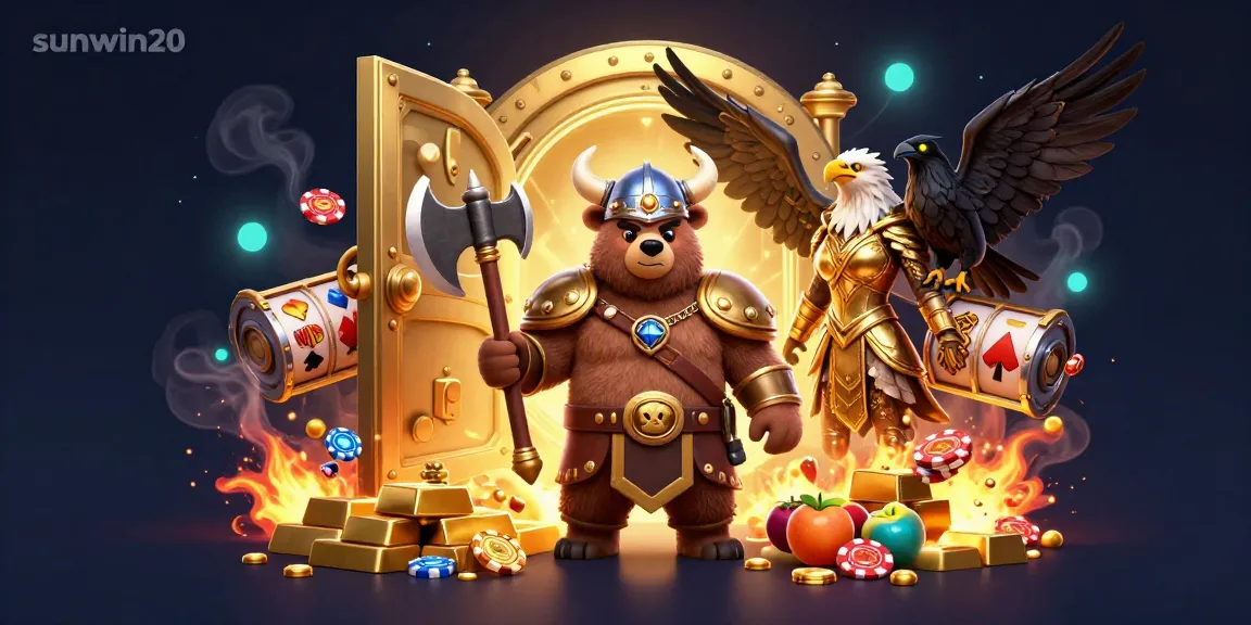 Engage with sunwin20's vibrant casino scene featuring a Viking bear, Valkyrie eagle, and dynamic gambling elements.