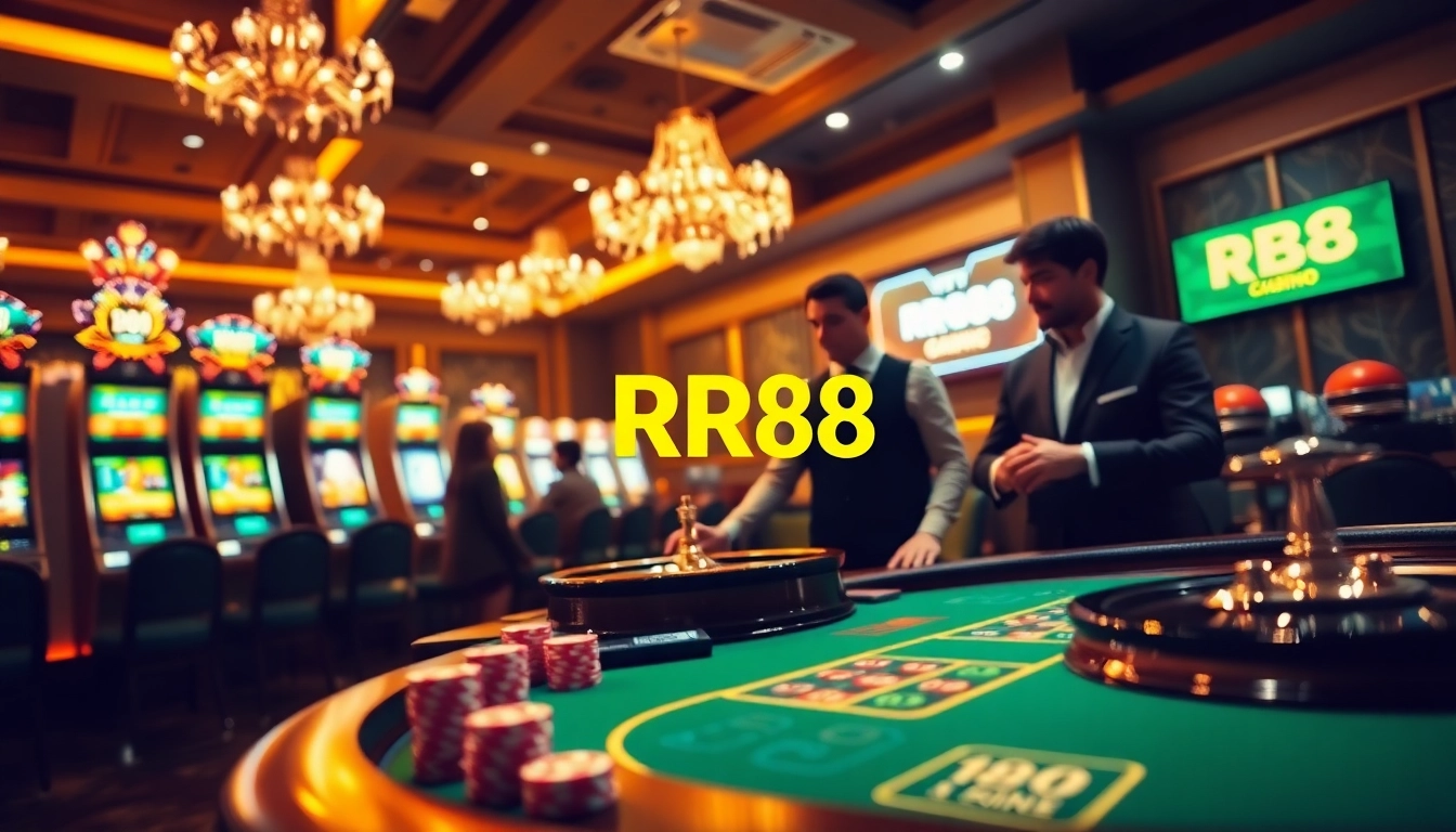 Experience the thrill of RR88 with vibrant casino action featuring poker chips and slot machines.