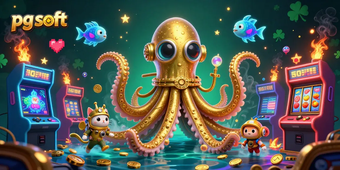 Engage with pg soft's thrilling slots experience featuring a kraken and diving cat in a vibrant casino setting