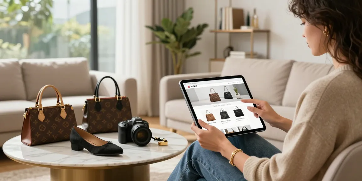 Browsing premium 레플리카 사이트 in a stylish living room with luxury replica products displayed.