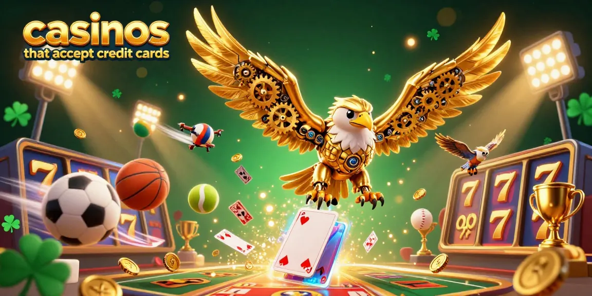 Engage with trusted casinos that accept credit cards, showcasing an animated golden eagle diving through vibrant gambling elements.