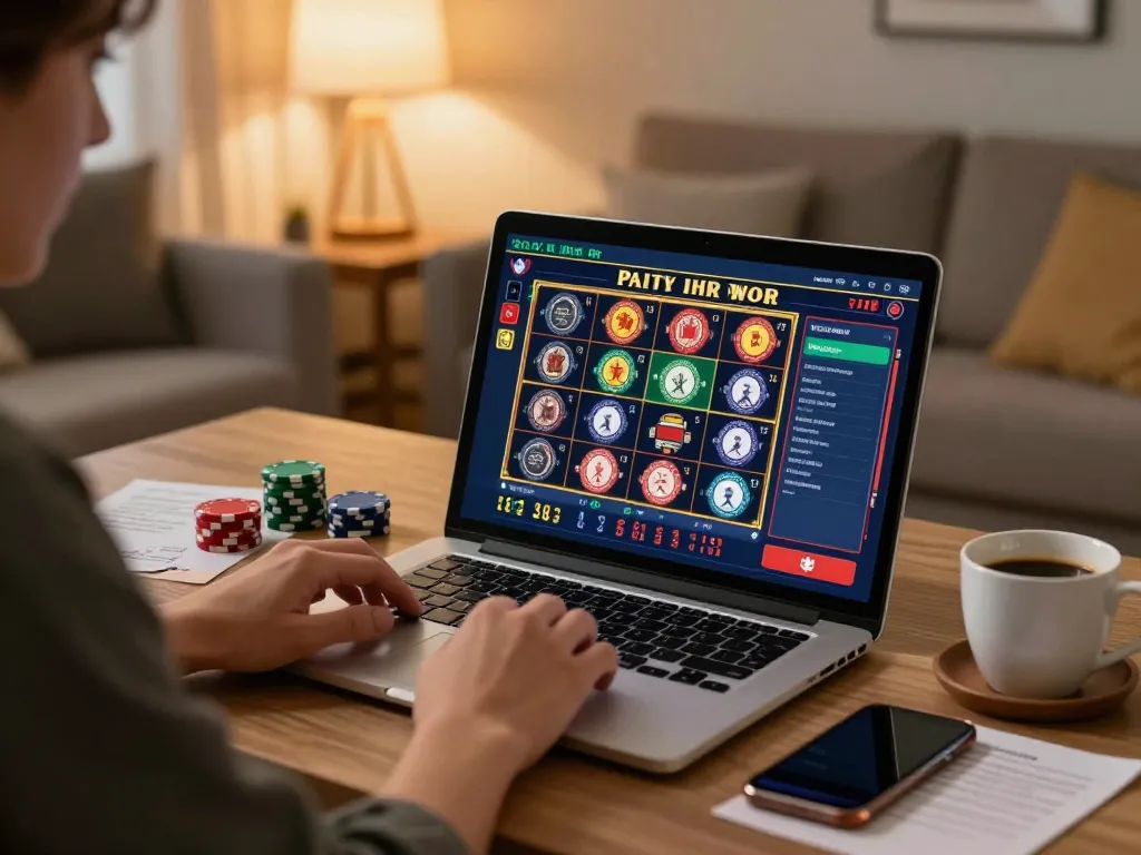 Engaging with online casinos in Canada reddit on a laptop at home, showing vibrant gaming options and strategy notes.