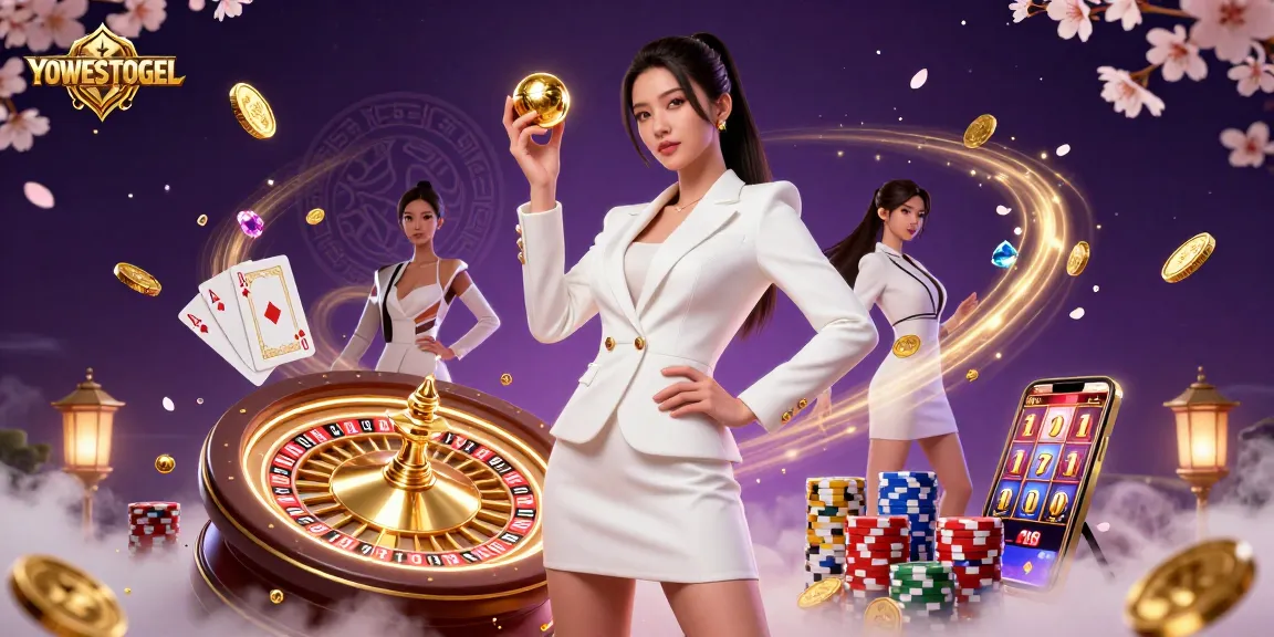 Experience YOWESTOGEL's thrilling gaming with a stunning roulette ball animation amid cascading coins and cards.