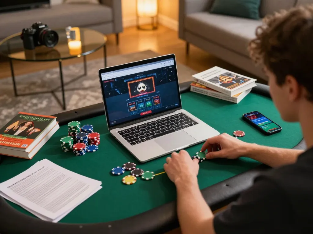 F168 player's focused strategy during an intense online casino poker session at home