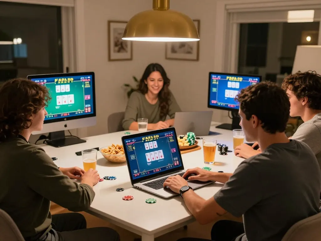 Engaging in FAFA 828 online poker gameplay with friends at home around a cozy table.