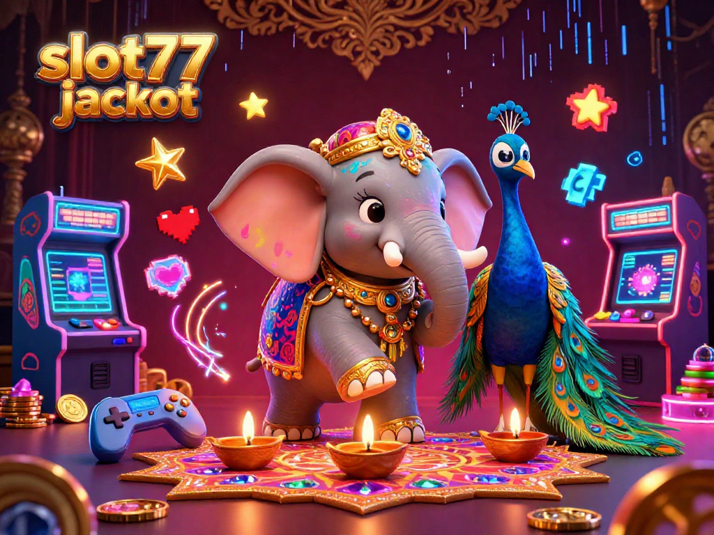 Experience the thrill of slot777 jackpot with a vibrant illustration featuring a joyful elephant and colorful casino elements.