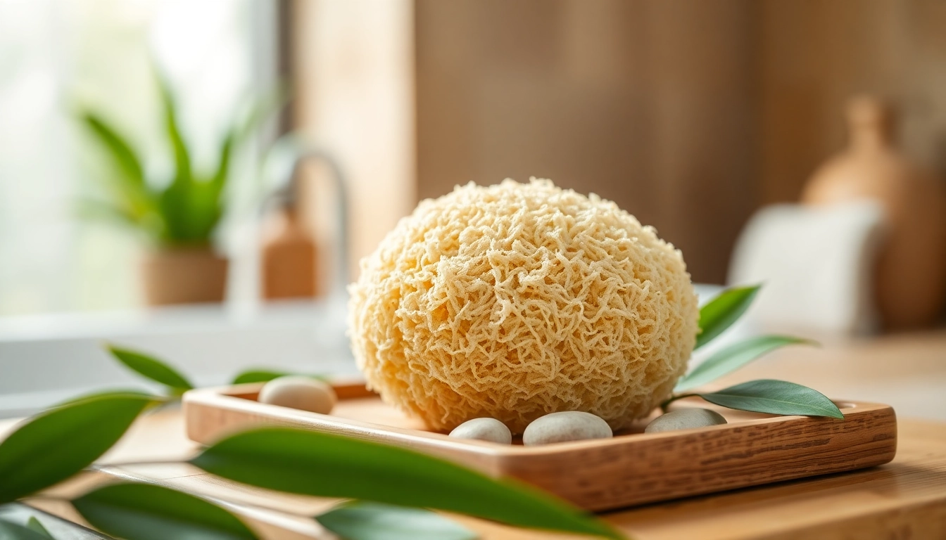 Exquisite raw loofah sponge displayed on a spa tray with pebbles and leaves for a natural aesthetic.