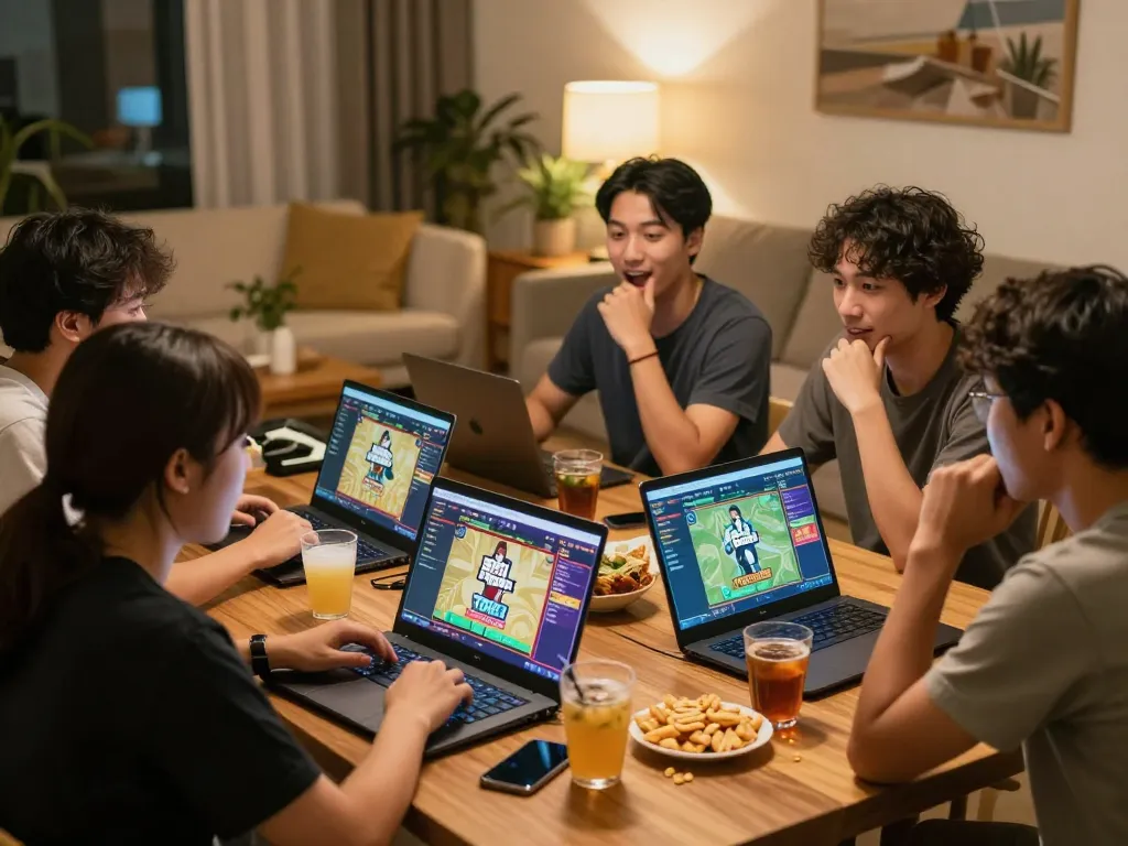 gamblers enjoying GTA Togel games online together in a cozy home setting with laptops