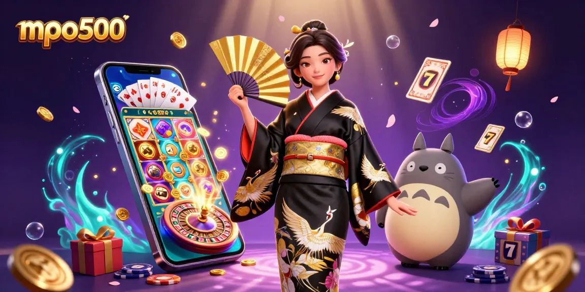 Engage with mpo500's vibrant slot games featuring a skilled player and wise tanuki surrounded by dynamic 3D gambling elements.