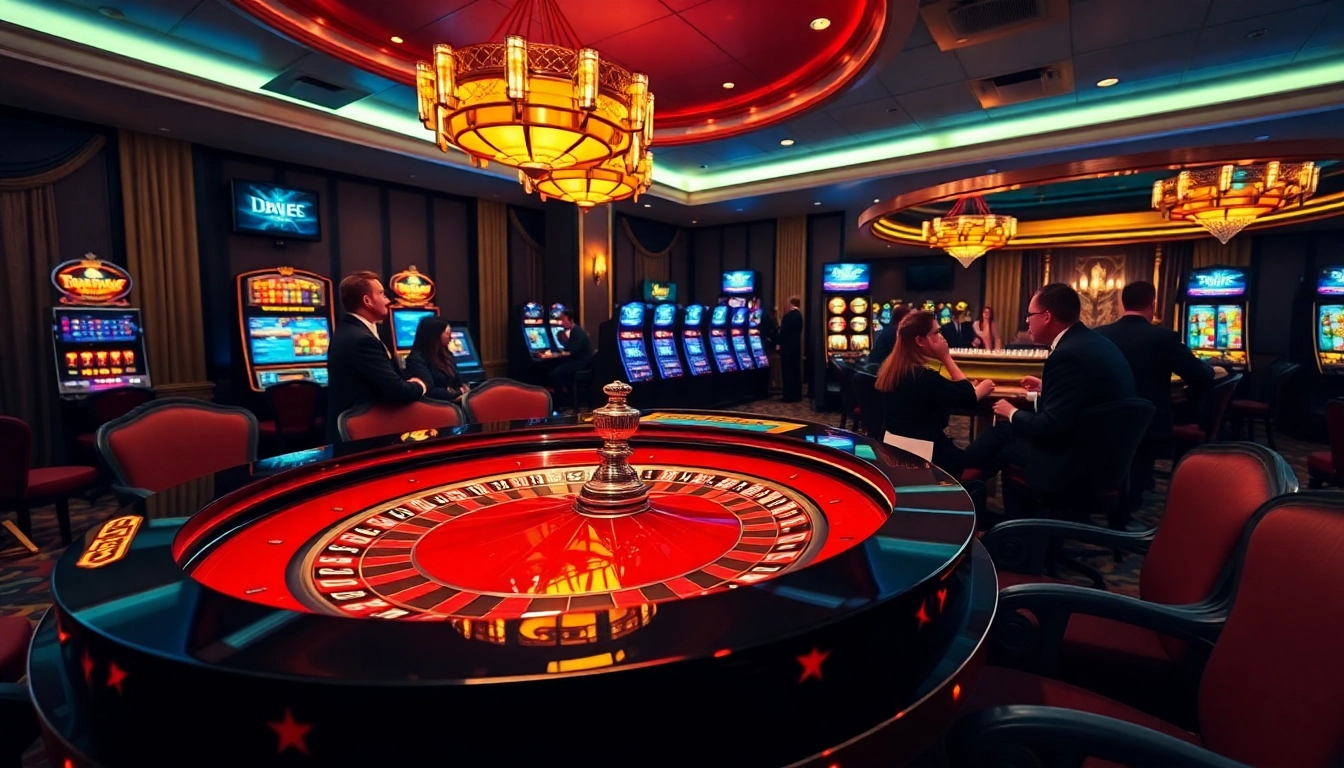 Joueurs engagés au meilleure casino en ligne, profitant de la roulette et du poker dans un cadre luxueux.