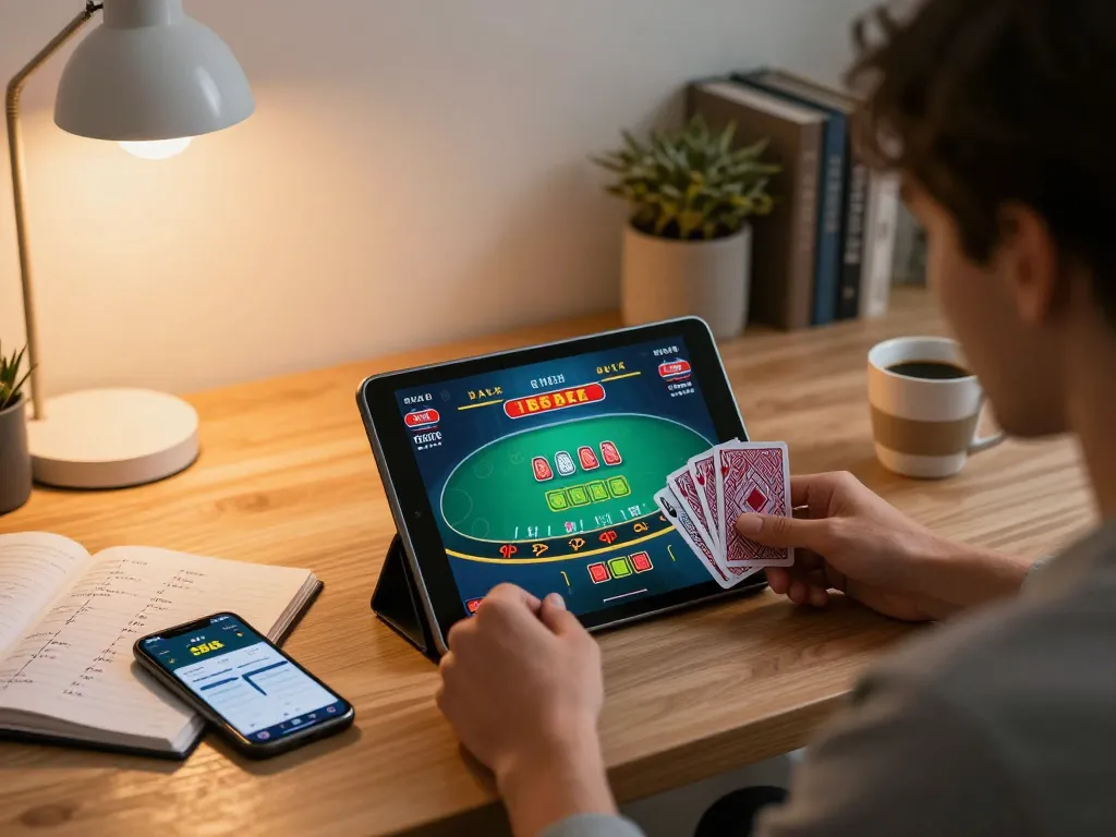 Player enjoying live dealer blackjack game on 388bet app at home, showcasing responsible gaming.