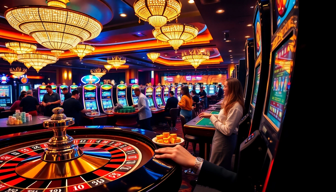 Engaging players at a vibrant casino, showcasing situs deposit 5k opportunities with exciting gaming elements.