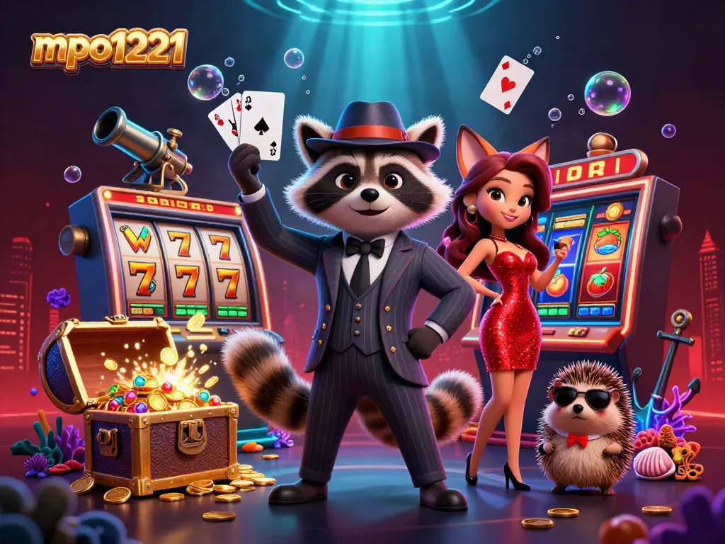 Experience the excitement of mpo1221 with a royal flush in a vibrant casino scene featuring cartoon characters.