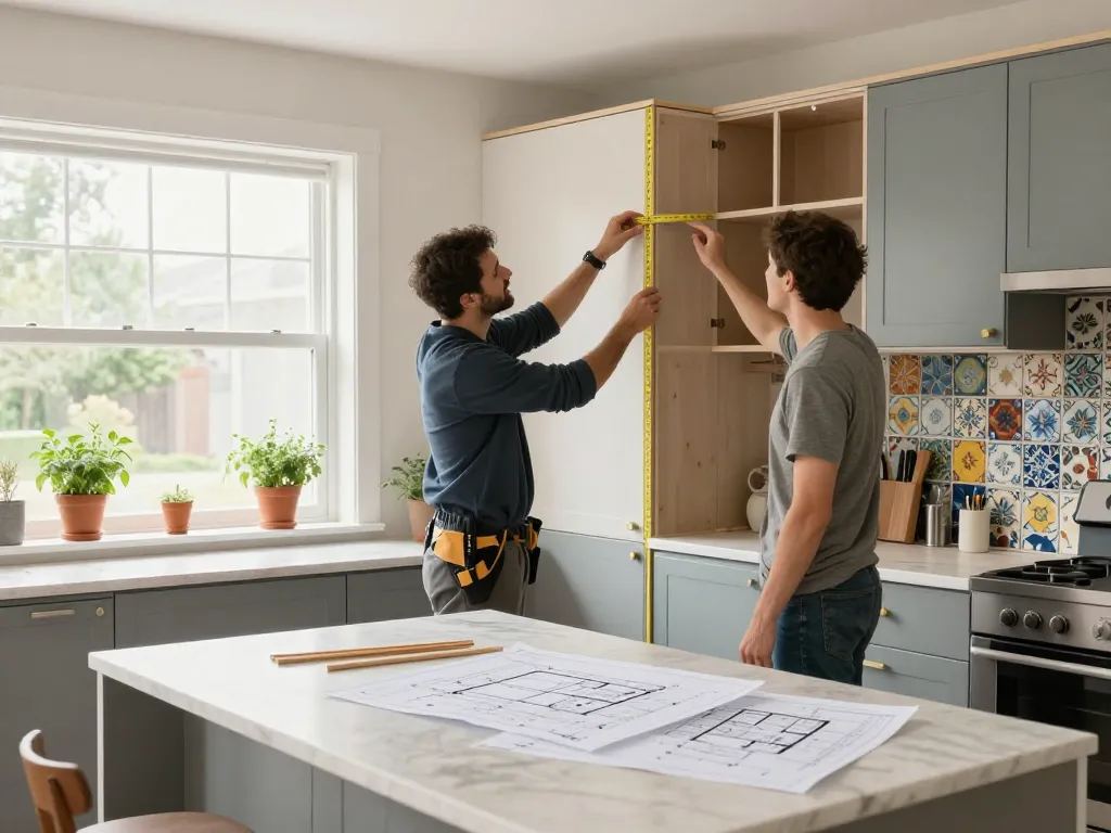 Kitchen reconstruction with contractor measuring space and homeowner discussing layout among stylish cabinetry and bright sunlight.