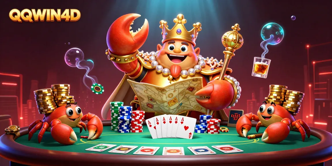 QQWIN4D menghidupkan suasana permainan kartu dengan karakter kepiting emas dan elemen kasino yang kaya.