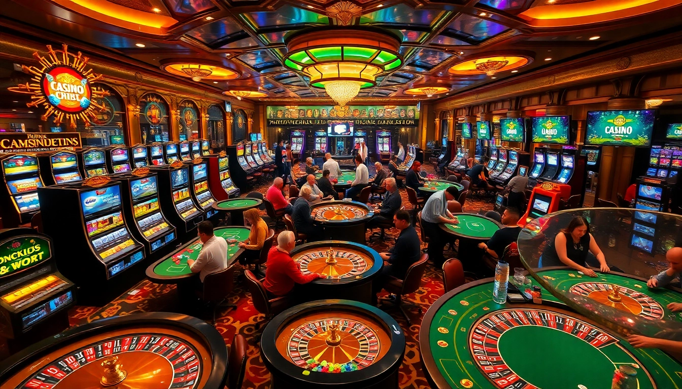Gagnez gros aux meilleurs casinos en ligne, présentant des tables de casino vibrantes, des jetons de poker et des joueurs enthousiastes.