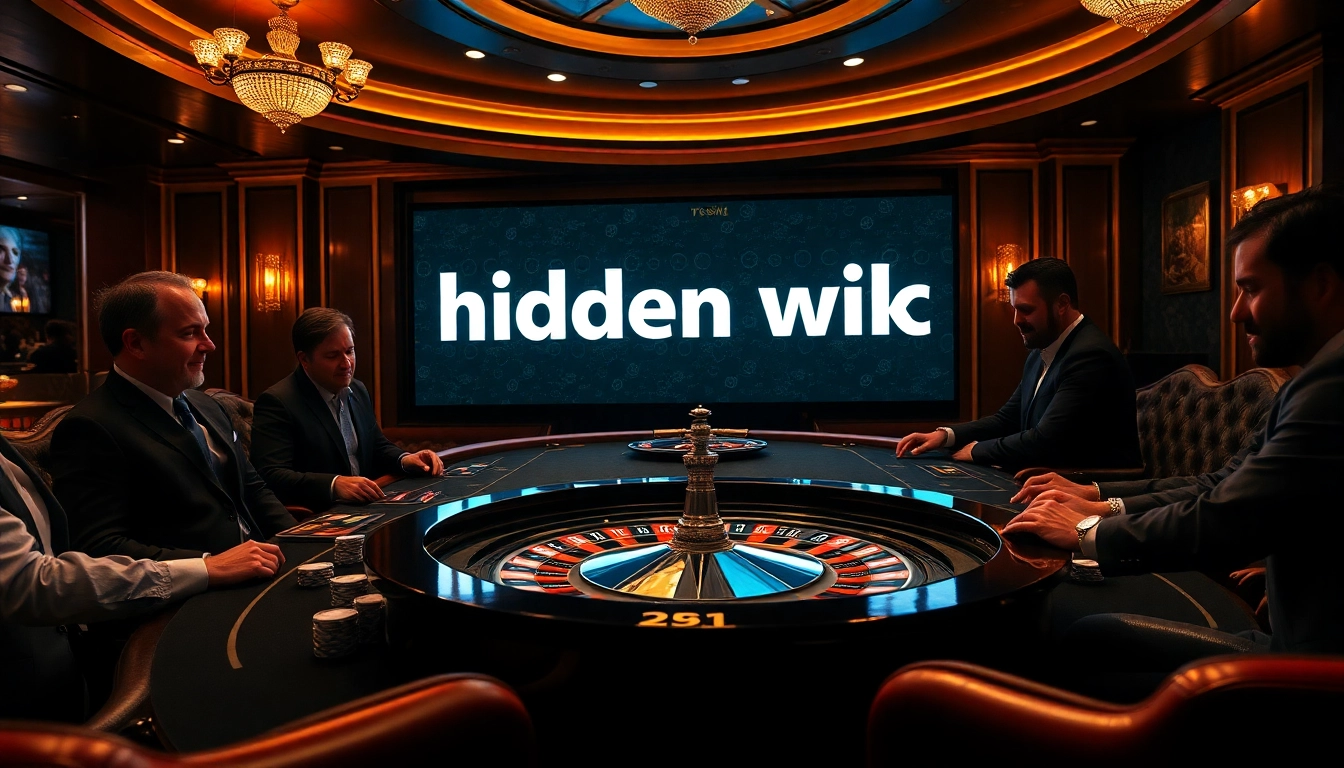 High-stakes players engaging with a luxurious casino scene featuring a hidden wiki link on a digital display.
