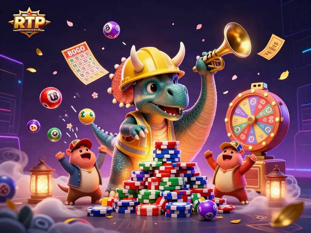 Mengevaluasi RTP sebelum memilih permainan melalui ilustrasi dinamis dino dan elemen kasino yang mengesankan.