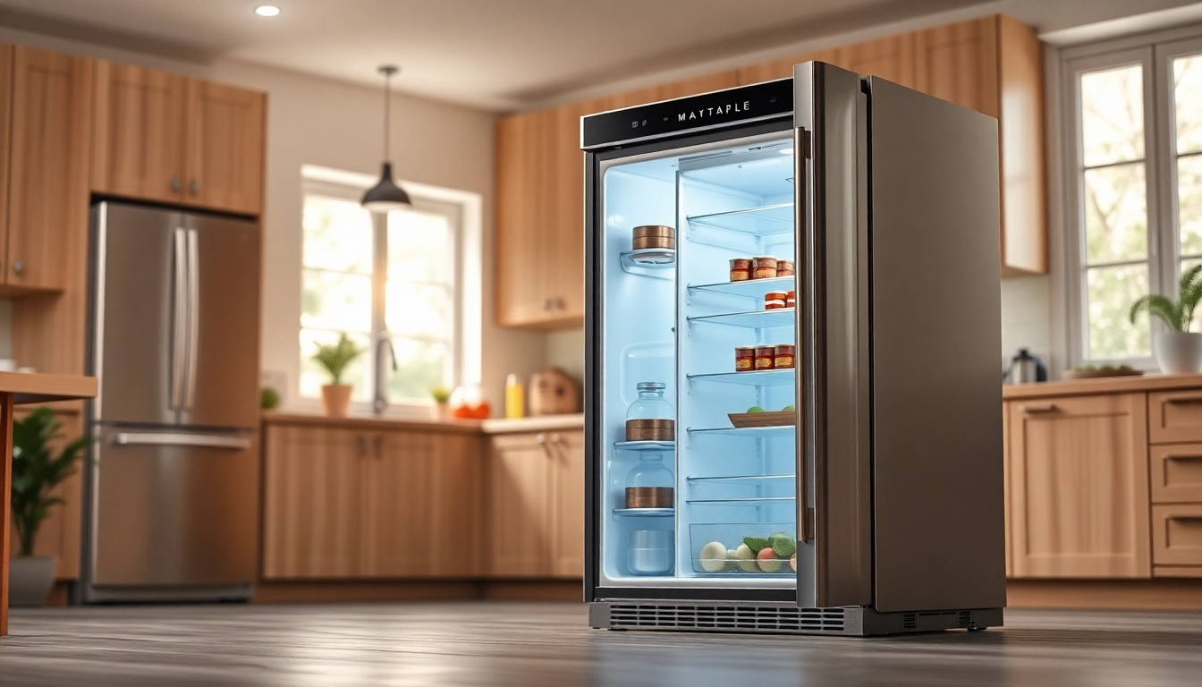 View of an affordable mini fridge and freezer in a modern kitchen with a stylish design.
