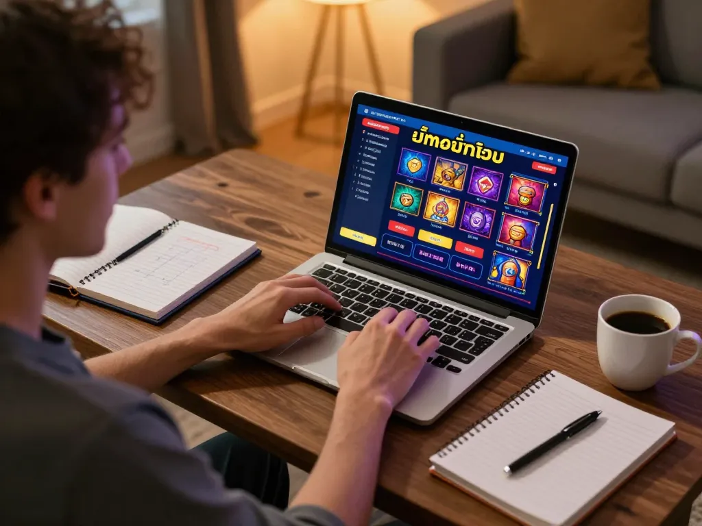 Engaged player exploring เว็บสล็อตตรง interface while gaming at home with a cozy atmosphere.
