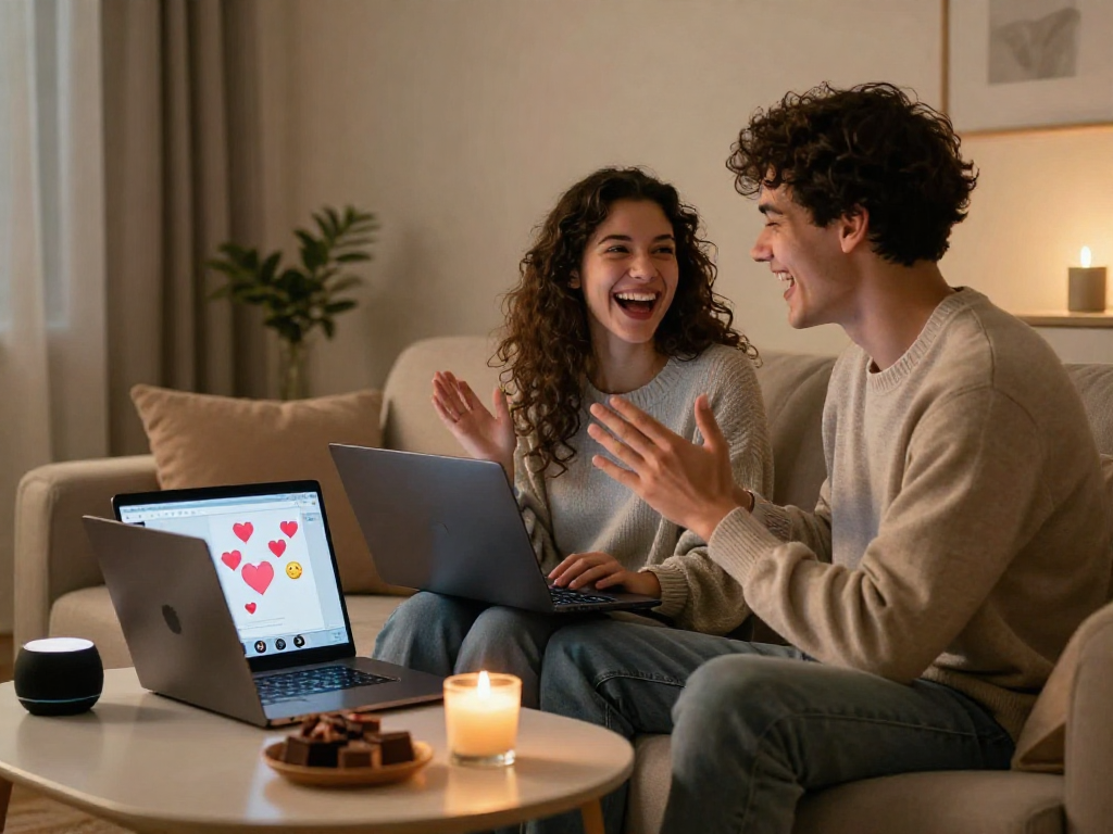Couple enjoying a sex AI chat on laptops in a cozy setting with romantic props.