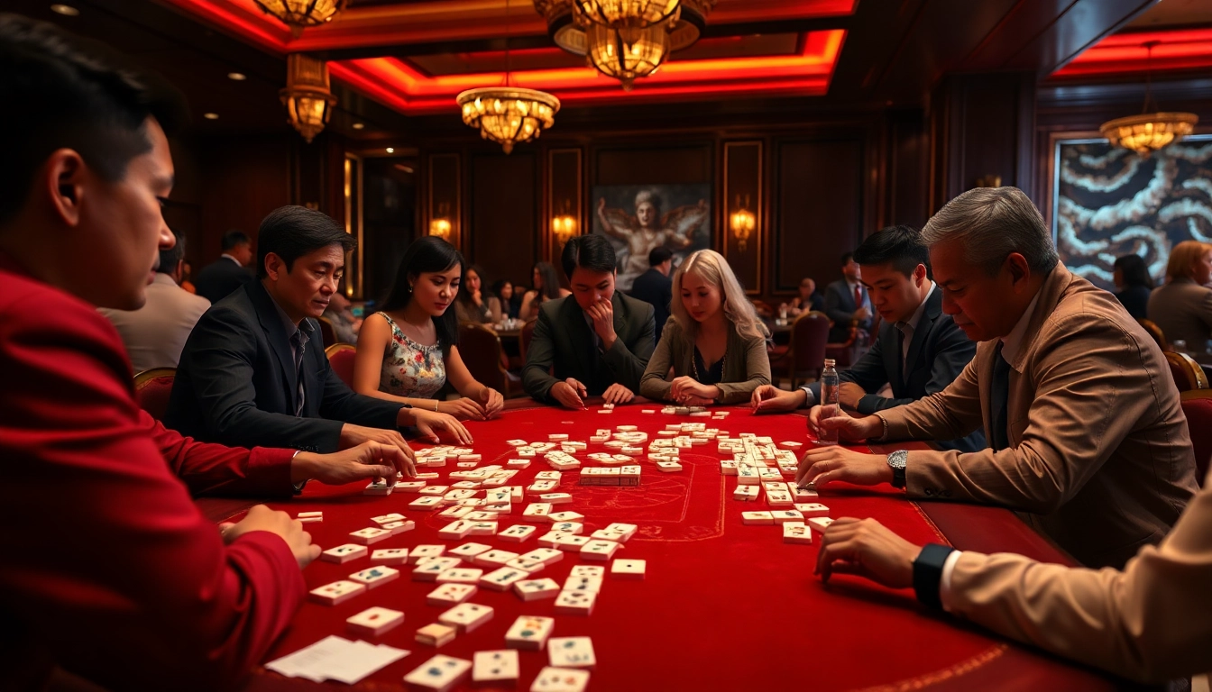 Players strategically engage in intense link mahjong gameplay at a luxurious casino table.