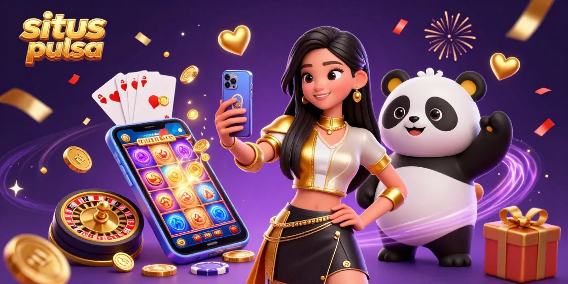 Experience the excitement of situs slot pulsa with a vibrant slot game and golden panda mascot.