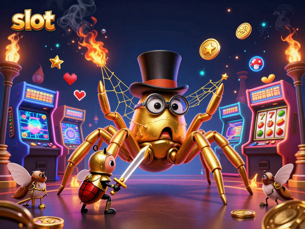 Engage with exciting slot games amidst a vibrant animated casino scene featuring a golden tarantula.