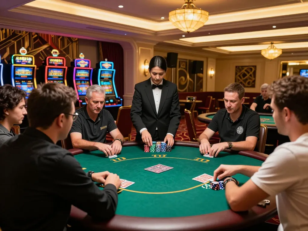 Players strategize in a thrilling Fly88 poker game at a luxurious casino.