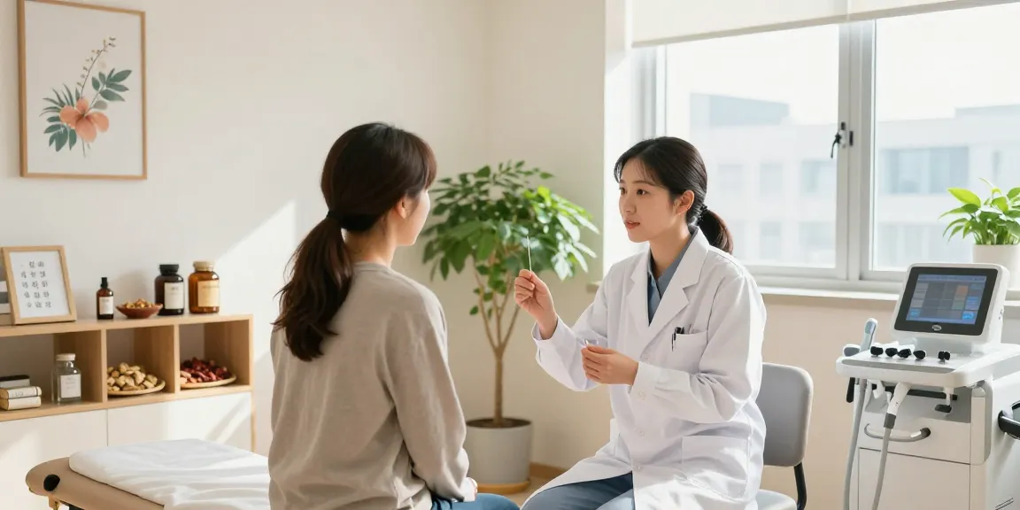 Consultation at 수원한의원 featuring a healthcare professional advising a patient in a calming clinic.