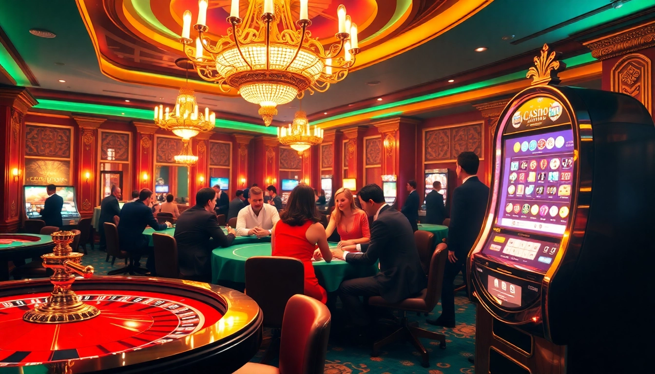Découvrez l'excitation de meilleure casino en ligne avec une scène de casino vivante mettant en avant des jeux de poker et des machines à sous.