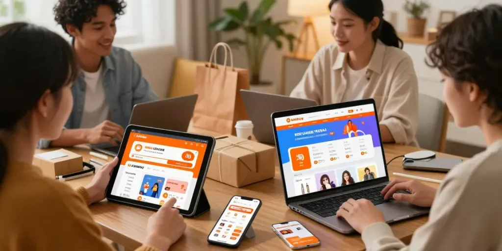 Engaging shoppers interacting with Kakobuy logo during online shopping experience