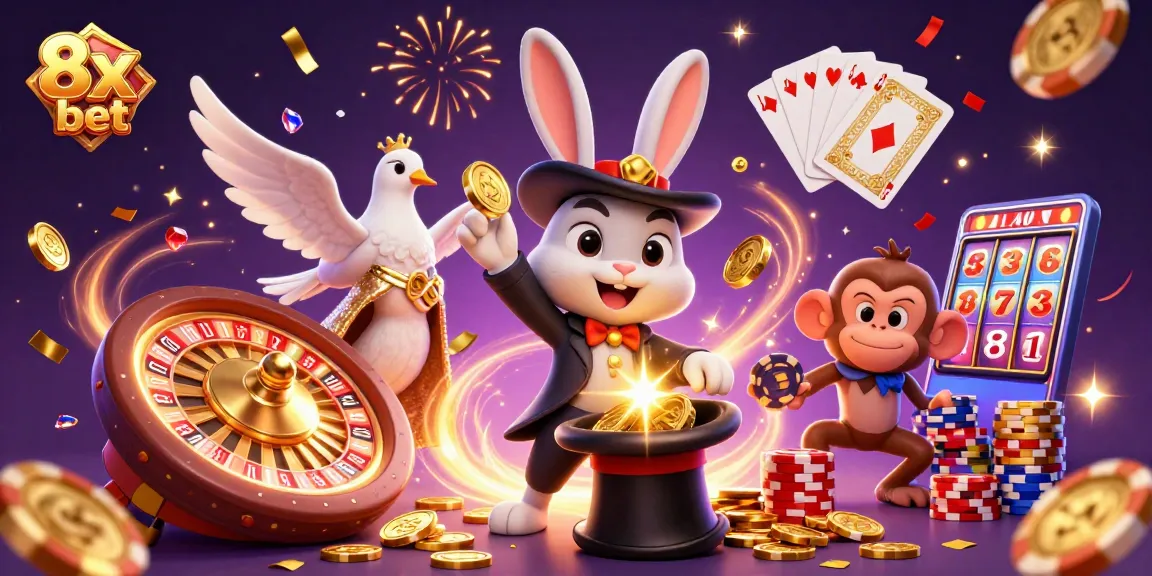 Spin the roulette and win big with 8x bet at this vibrant online casino scene featuring a magician, dove, and monkey.