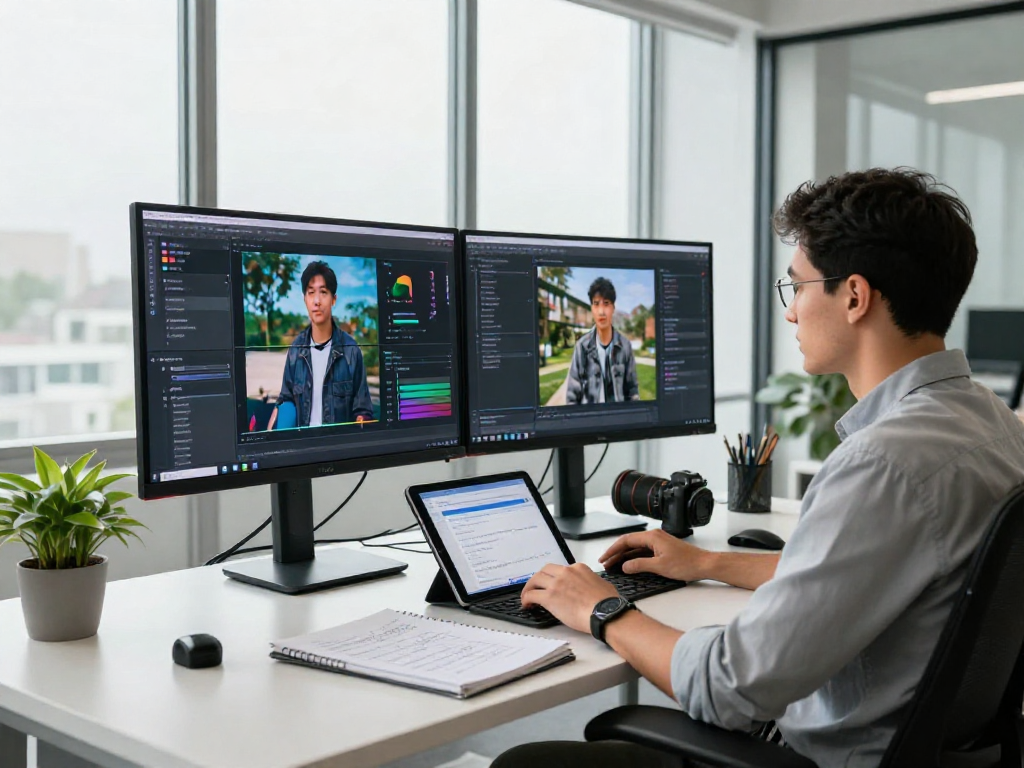 Detect AI image in a modern content moderation workspace with dual monitors and analytical tools.