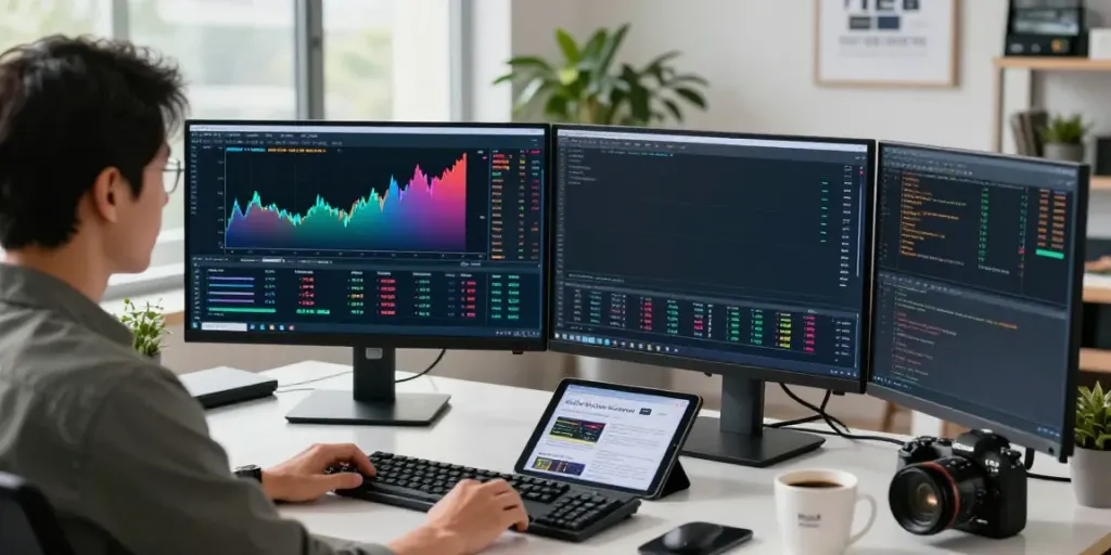 Trader using MetaTrader 5 software in a modern office setup, analyzing financial charts and data.