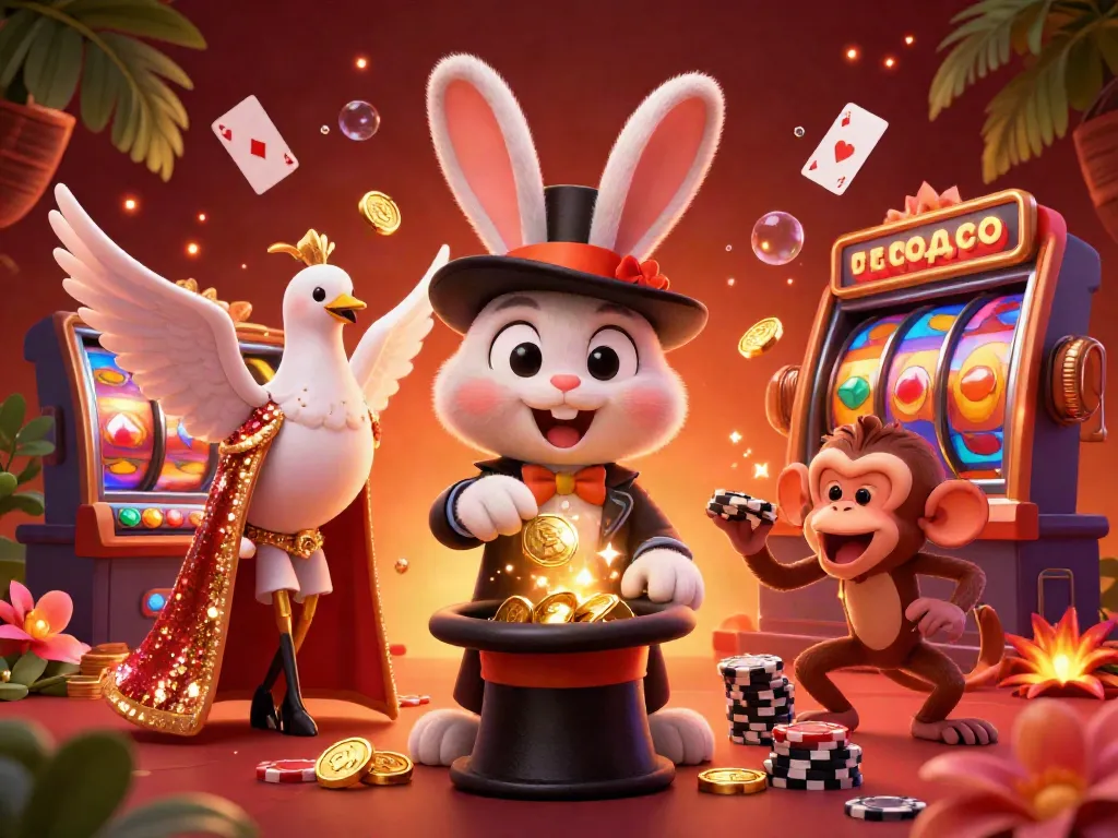 Experience hit excitement with a 3D magician rabbit and friends amidst vibrant casino elements.