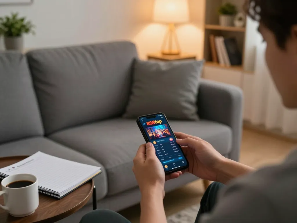 Engaging with the 888top casino app on a smartphone in a cozy setting, promoting responsible gaming.