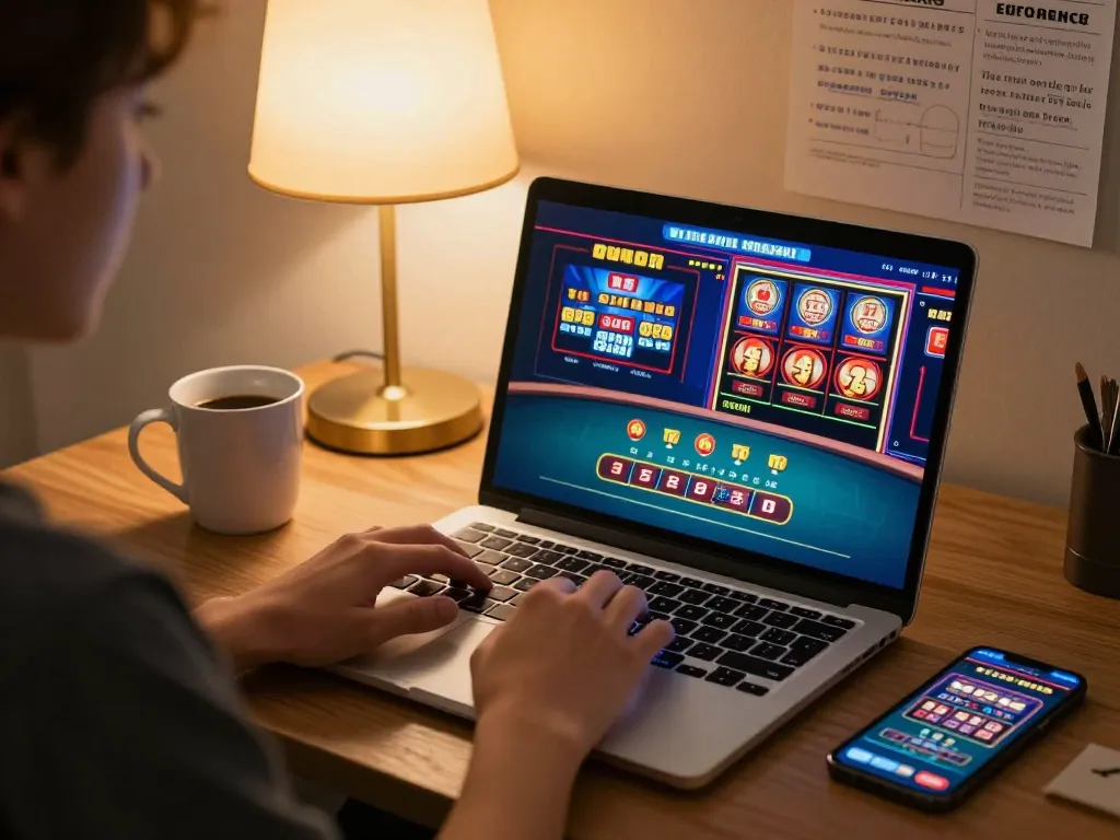 Playing exciting 92slot games on a laptop at home, showcasing an engaging online gambling experience