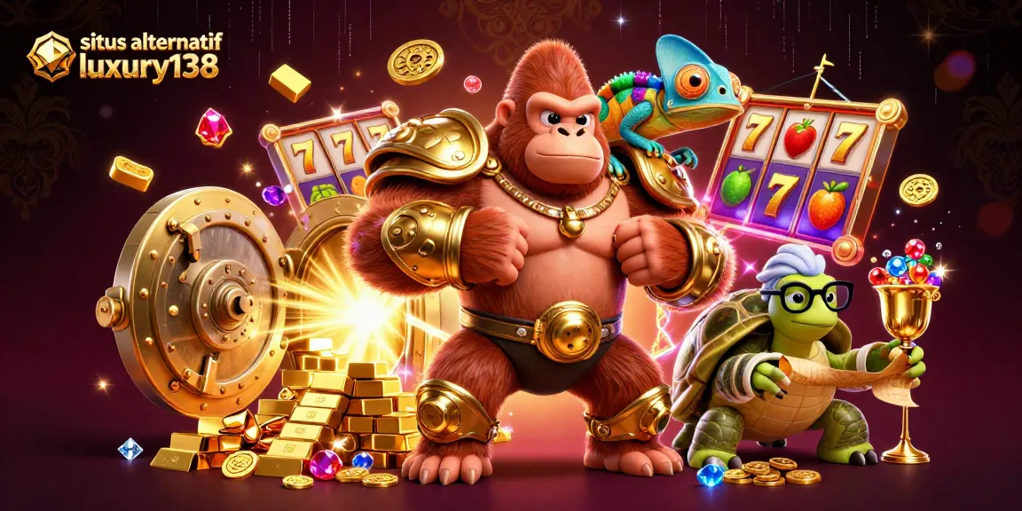 Situs alternatif luxury138 shines with vibrant, engaging 3D casino characters in action around slot reels and gold.