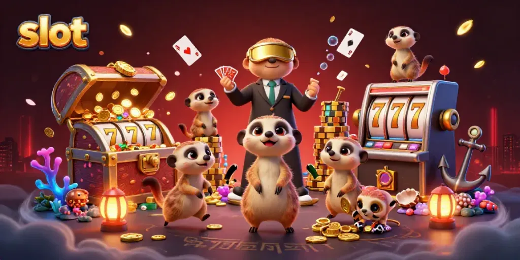 Experience exciting slot action in a vibrant 3D casino scene with meerkats managing operations.
