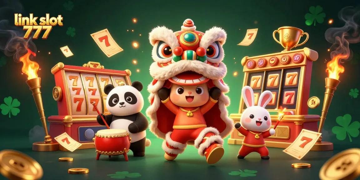 Win big at link slot 777 with vibrant 3D illustration of slot elements, lion dance, and dynamic game symbols.