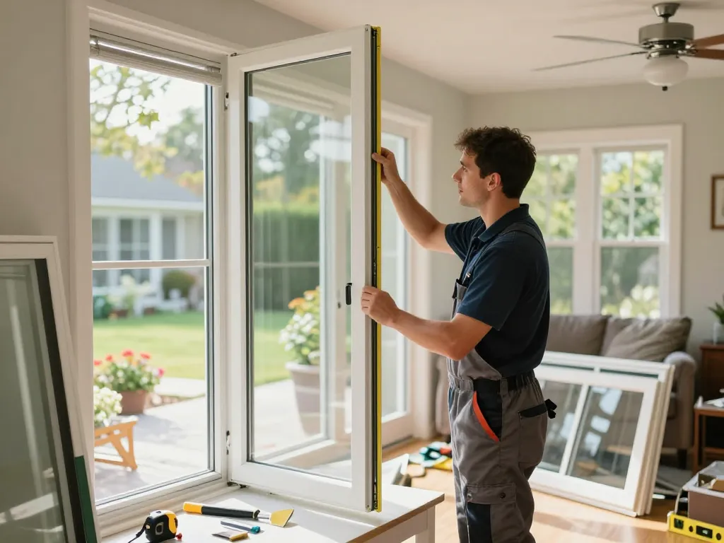 Professional technician performing window & screen replacement Manchester NH in a bright home environment.