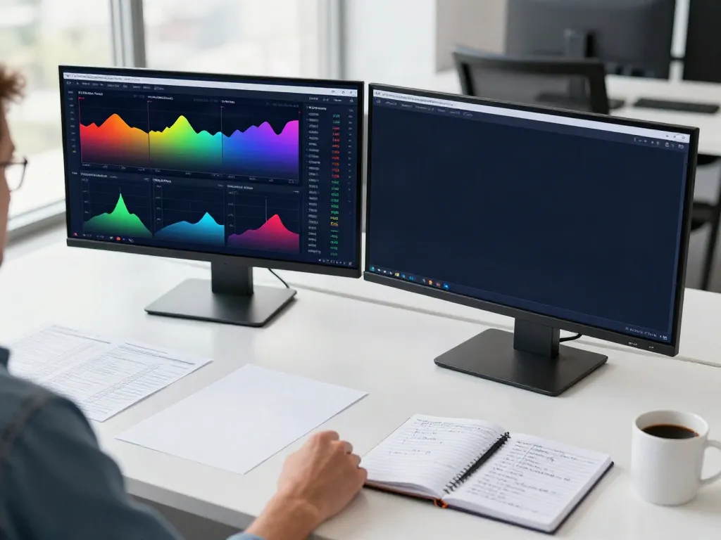 Trader using TradingView on dual monitors in a bright office.