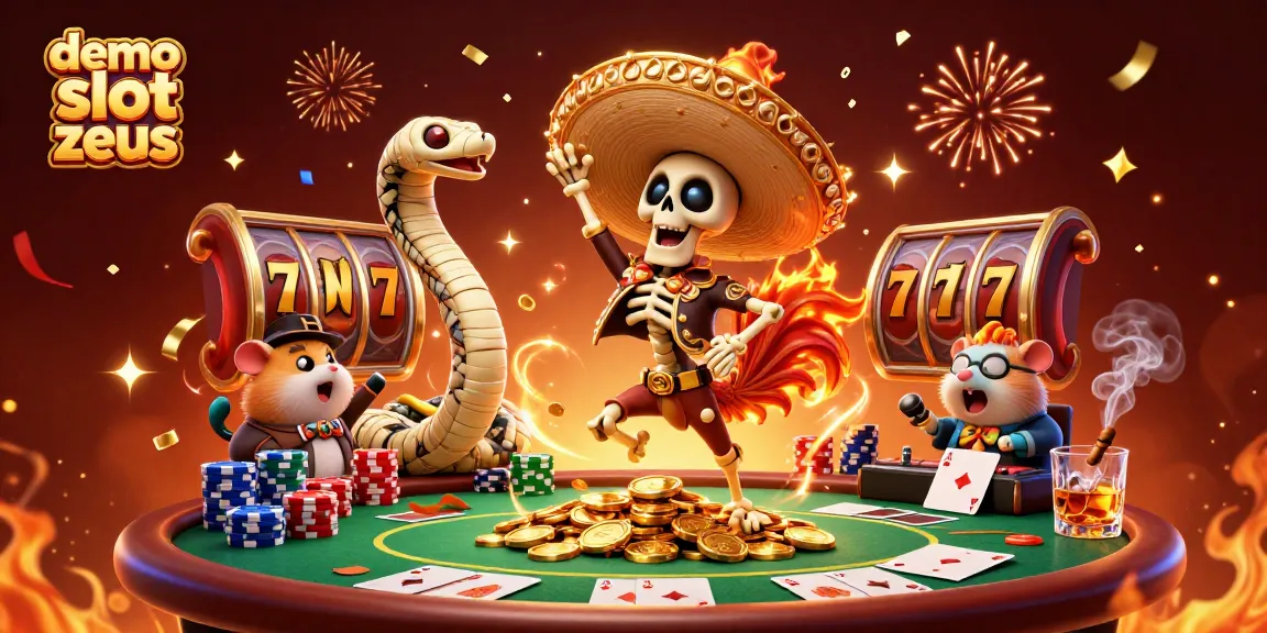 Engage with demo slot zeus in this vibrant, animated scene of playful characters and gambling elements.